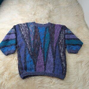 Vintage JS Fashion Purple Blue Mosaic Sweater Acrylic Coogi Style Size Small